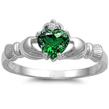 Load image into Gallery viewer, Sterling Silver Rhodium Plated Emerald CZ Heart Claddagh Ring