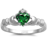Sterling Silver Rhodium Plated Emerald CZ Heart Claddagh Ring