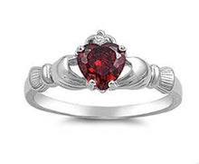 Load image into Gallery viewer, Sterling Silver Rhodium Plated Garnet CZ Heart Claddagh Ring
