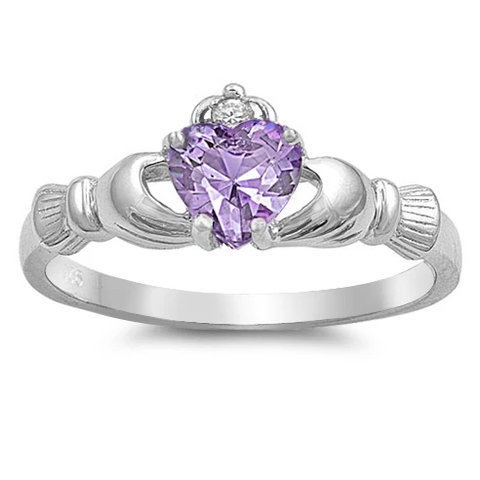 Sterling Silver Rhodium Plated Lavender CZ Heart Claddagh Ring