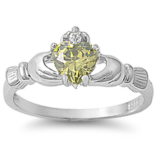 Load image into Gallery viewer, Sterling Silver Rhodium Plated Peridot CZ Heart Claddagh Ring