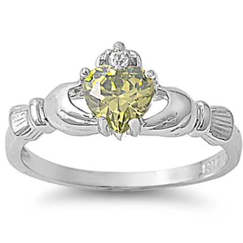 Sterling Silver Rhodium Plated Peridot CZ Heart Claddagh Ring