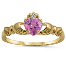 Load image into Gallery viewer, Sterling Silver Yellow Gold Plated Pink Topaz And CZ Heart Claddagh Ring