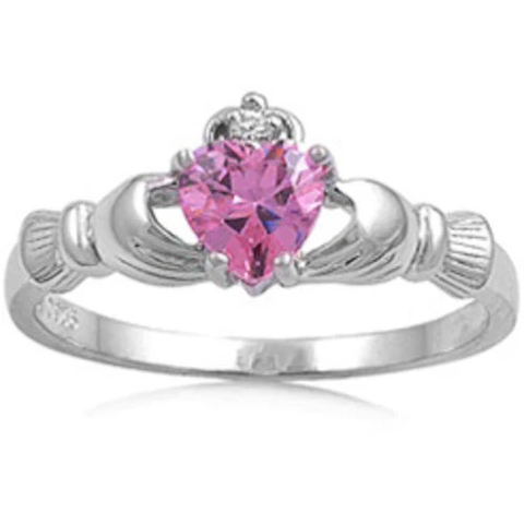 Sterling Silver Rhodium Plated Pink Topaz CZ Heart Claddagh Ring