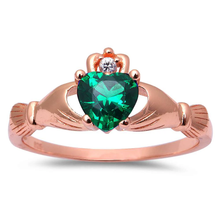 Load image into Gallery viewer, Sterling Silver Rose Gold Plated Green Emerald And CZ Heart Claddagh Ring