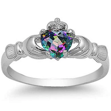Load image into Gallery viewer, Sterling Silver Rhodium Plated Rainbow Topaz CZ Heart Claddagh Ring