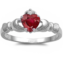 Load image into Gallery viewer, Sterling Silver Rhodium Plated Ruby CZ Heart Claddagh Ring