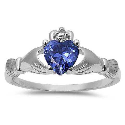 Sterling Silver Rhodium Plated Tanzanite CZ Heart Claddagh Ring