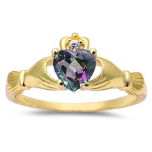 Load image into Gallery viewer, Sterling Silver Yellow Gold Plated Rainbow Topaz And CZ Heart Claddagh Ring