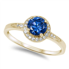 Load image into Gallery viewer, Sterling Silver Halo Style Yellow Gold Plated Blue Sapphire And CZ Fashion Ring