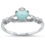 Sterling Silver Natural Larimar And Clear CZ Claddagh Ring