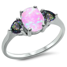 Load image into Gallery viewer, Sterling Silver Oval Pink Opal And Heart Rainbow CZ Ring