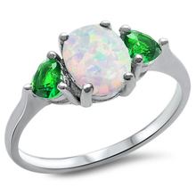 Load image into Gallery viewer, Sterling Silver Oval White Opal And Heart Emerald CZ Ring