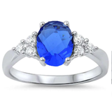 Sterling Silver Oval Sapphire And CZ Ring