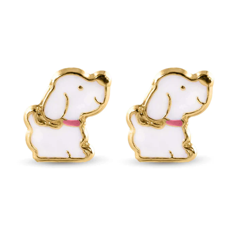 14K Dog White Enamel Pink Leash  Screw Back Earrings