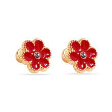 Load image into Gallery viewer, 14K Yellow Gold Red Enamel Flower Screw Back Earrings
