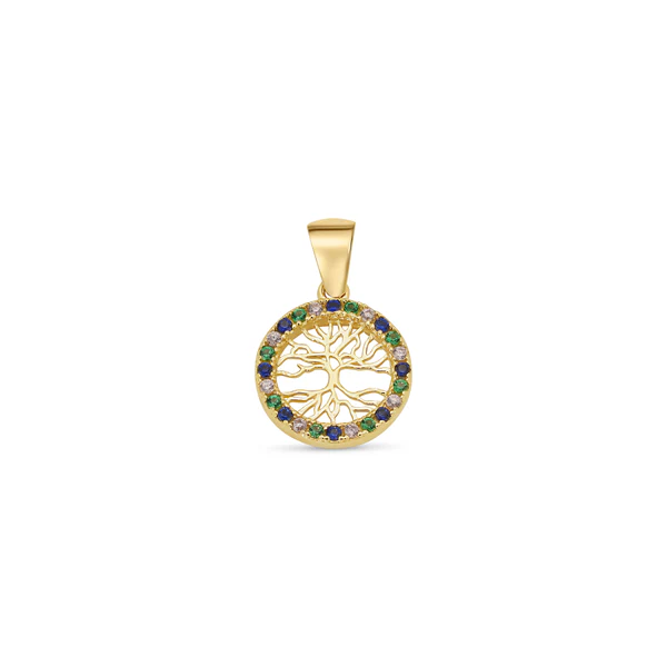 14K Yellow Gold Reversible Tree Of Life Multi Color CZ Studded Pendant