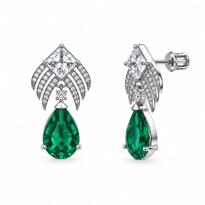 Sterling Silver Rhodium Plated Emerald May Birthstone Teardrop CZ Dangle Earrings