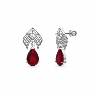 Sterling Silver Rhodium Plated Ruby July Birthstone Teardrop CZ Dangle Earrings