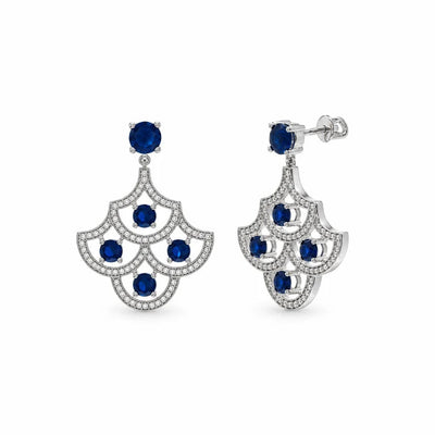 Sterling Silver Rhodium Plated Blue Sapphire September Birthstone CZ Chandelier Dangle Earrings