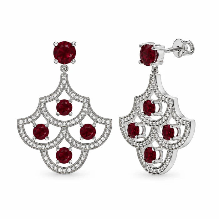 Sterling Silver Rhodium Plated Ruby July Birthstone CZ Chandelier Dangle Earrings