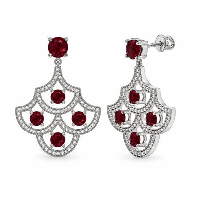 Sterling Silver Rhodium Plated Ruby July Birthstone CZ Chandelier Dangle Earrings