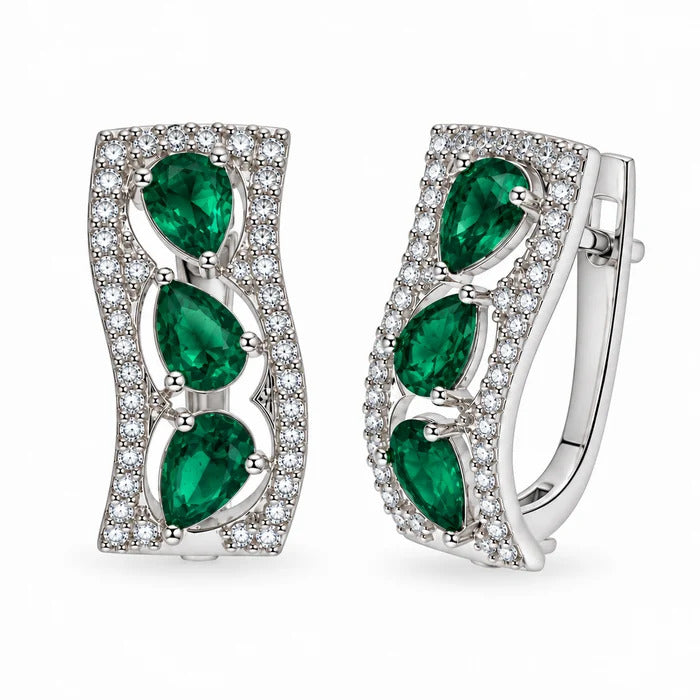 Sterling Silver Rhodium Plated Emerald May Birthstone Pear Cut CZ Huggie Earrings