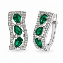 Load image into Gallery viewer, Sterling Silver Rhodium Plated Emerald May Birthstone Pear Cut CZ Huggie Earrings