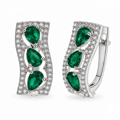 Sterling Silver Rhodium Plated Emerald May Birthstone Pear Cut CZ Huggie Earrings