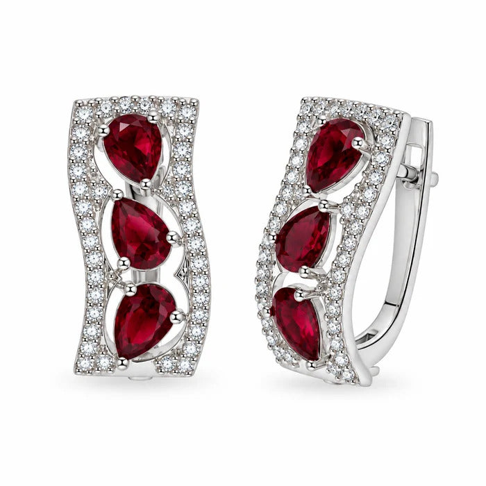 Sterling Silver Rhodium Plated Ruby July Birthstone Pear Cut CZ Huggie Earrings
