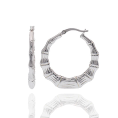 Sterling Silver Rhodium Plated Bamboo Style Hoop Earring