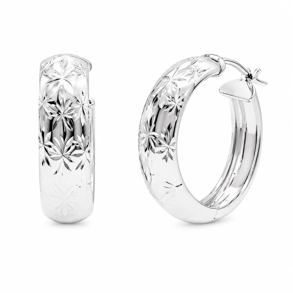 Sterling Silver Diamond Cut Sunburst Hoop Earrings