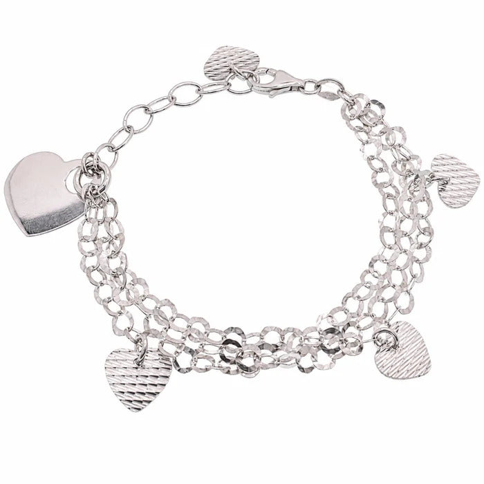 Sterling Silver Rhodium Plated Multi Strand And Hearts Dangling Charm Bracelet