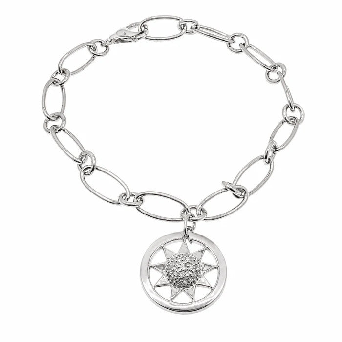 Sterling Silver Rhodium Plated CZ Sun Centered Link Bracelet
