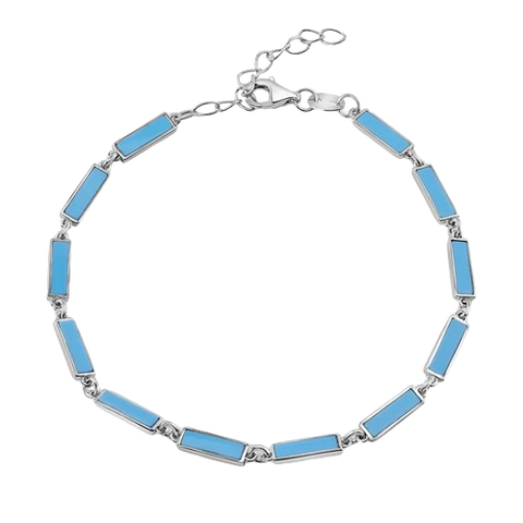 Sterling Silver Rhodium Plated Light Blue Turquoise Stone Bar Link Bracelet