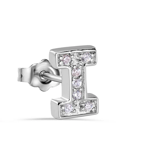 Sterling Silver Rhodium Plated Clear CZ A Letter Alphabet Clear CZ Stud Single Earring
