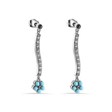 Load image into Gallery viewer, Sterling Silver Rhodium Plated Turquoise Flower Dangling Clear CZ Stud Earrings