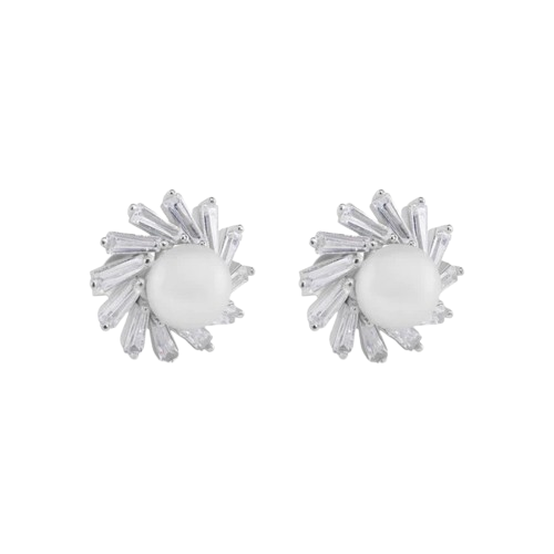 Sterling Silver Rhodium Plated Water Pearl Clear Baguette CZ Stud Earrings