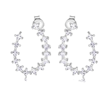 Load image into Gallery viewer, Sterling Silver Rhodium Plated Indented Semi Hoop Square Cut Clear CZ Stud Earrings