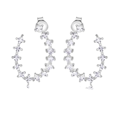 Sterling Silver Rhodium Plated Indented Semi Hoop Square Cut Clear CZ Stud Earrings