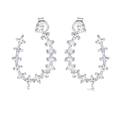 Sterling Silver Rhodium Plated Indented Semi Hoop Square Cut Clear CZ Stud Earrings