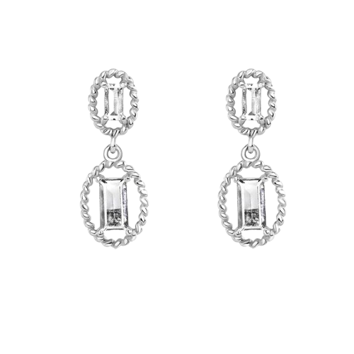Sterling Silver Rhodium Plated Dangling Baguette CZ Stud Earrings