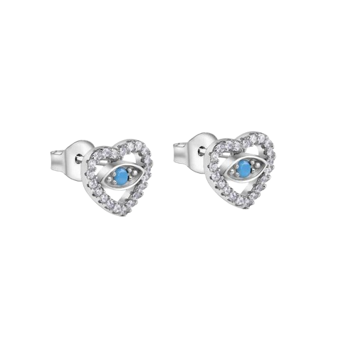 Sterling Silver Rhodium Plated Evil Eye Heart Clear CZ Stud Earrings
