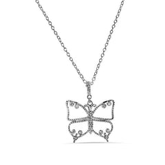 Sterling Silver Rhodium Plated Butterfly Outline Clear CZ Necklace