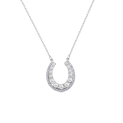 Sterling Silver Rhodium Plated Horseshoe Pearl Clear CZ Necklace