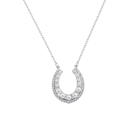Sterling Silver Rhodium Plated Horseshoe Pearl Clear CZ Necklace