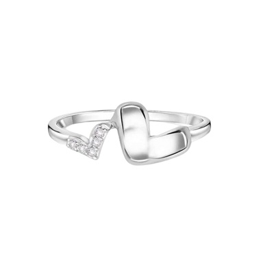 Sterling Silver Rhodium Plated Twin Hearts Clear CZ 1.7mm Ring