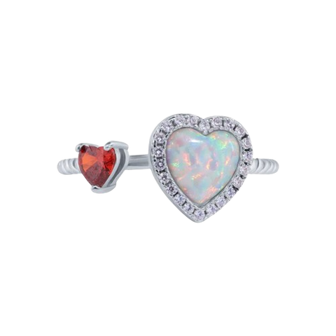 Sterling Silver Rhodium Plated 2 Hearts Synthetic Opal and Red CZ 1.5mm Ring