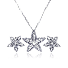 Load image into Gallery viewer, Sterling Silver Rhodium Plated Clear Star Flower CZ Stud Earring And Necklace Set