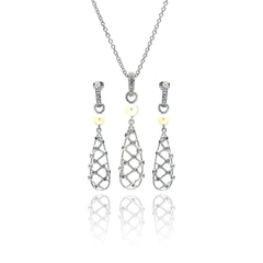 Sterling Silver Rhodium Plated Fishnet Drop Pearl Clear CZ Dangling Stud Earring And Necklace Set